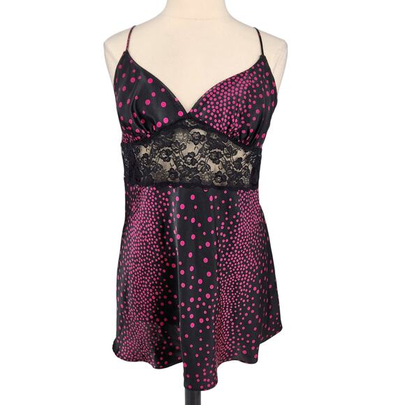 Frederick’s of Hollywood Pink Black Polka Dot Slip Dress Nightie 1X Babydoll Y2K - Picture 1 of 6